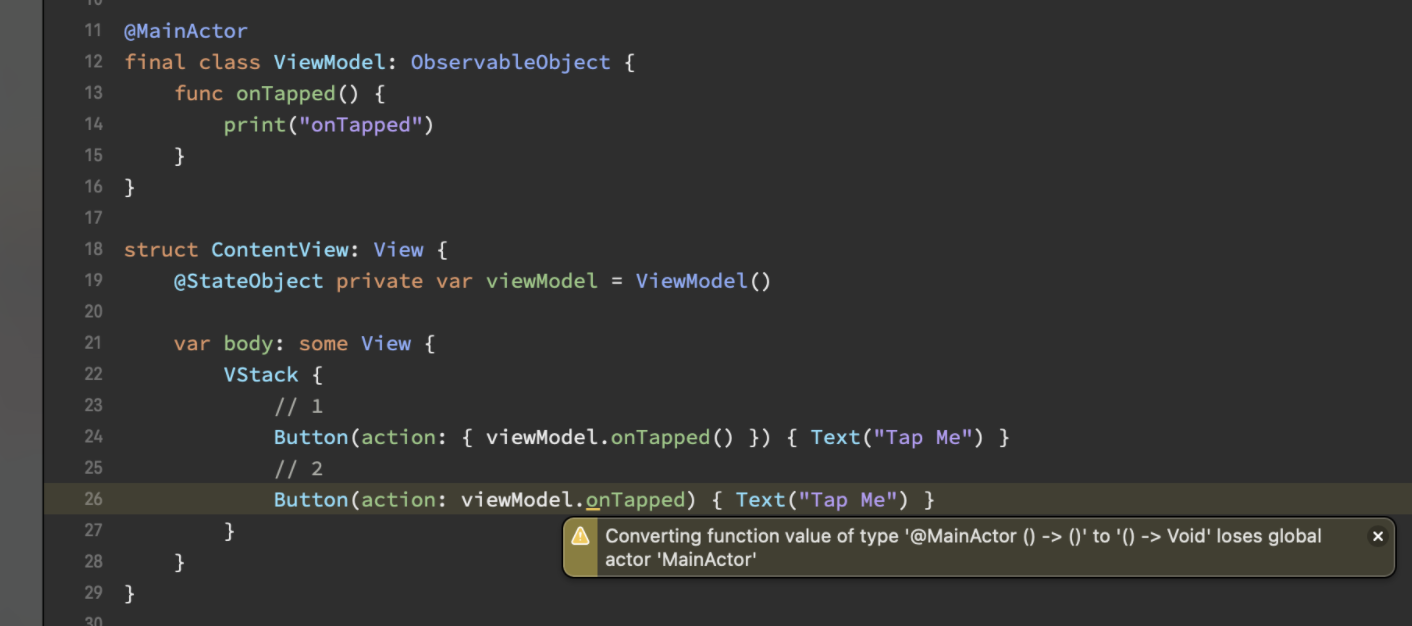 simulator_screenshot_95EDA013-9111-40FF-AD
【SwiftUI】iOS15以降 & SwiftUIでATT許可ダイアログを出す
以前は didFinishLaunching でATT許可ダイアログ出してもいけましたが、iOS15からはアプリがアクティブな状態でないとダイアログが出なくなりました。
そこでSwiftUIでATTダイアログを出す方法です。
“`swift
struct MainView: View {
var body: some View {
VStack {
Text(“Hello!”)
}
.onReceive(NotificationCenter.default.publisher(for: UIApplication.didBecomeActiveNotification)) { _ in
if ATTrackingManager.trackingAuthorizationStatus == .notDetermined {
ATTrackingManager.requestTrackingAuthorization(completionHandler:
SwiftUI.Button の action は @MainActor なのか – @Sendable でないクロージャが actor コンテキストを受け継ぐことについて
## 概要
SwiftUI で開発する際、ViewModel を `@MainActor` にしてそのメソッドを `Button` の `action` パラメータに渡すということがよくあると思います。このとき、 `action` に渡すクロージャの中で `@MainActor` である ViewModel のメソッドが `await` せず同期的に呼べるので `action` 引数は `@MainActor` なのかと思っていたのですが、ある日同じメソッドを引数に直指定すると `@MainActor` を `@MainActor` でない型に渡すなという旨の warning が出てしまいました。
![image.png