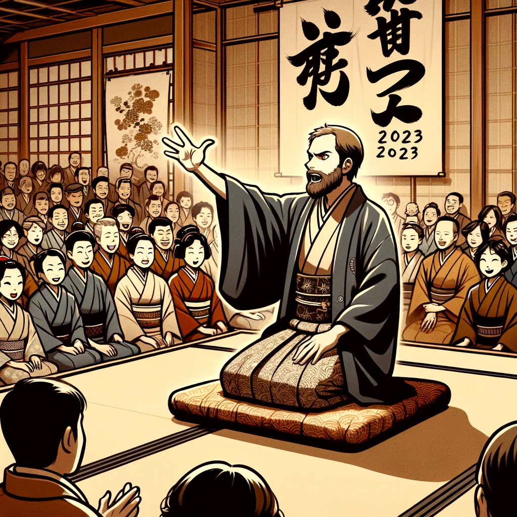1_DALL·E 2023-11-28 22.50.40 - Adjust the scene to depict a popular middle-aged male comedian performing Manzai, a traditional Japanese stand-up comedy, while sitting in a proper se.png