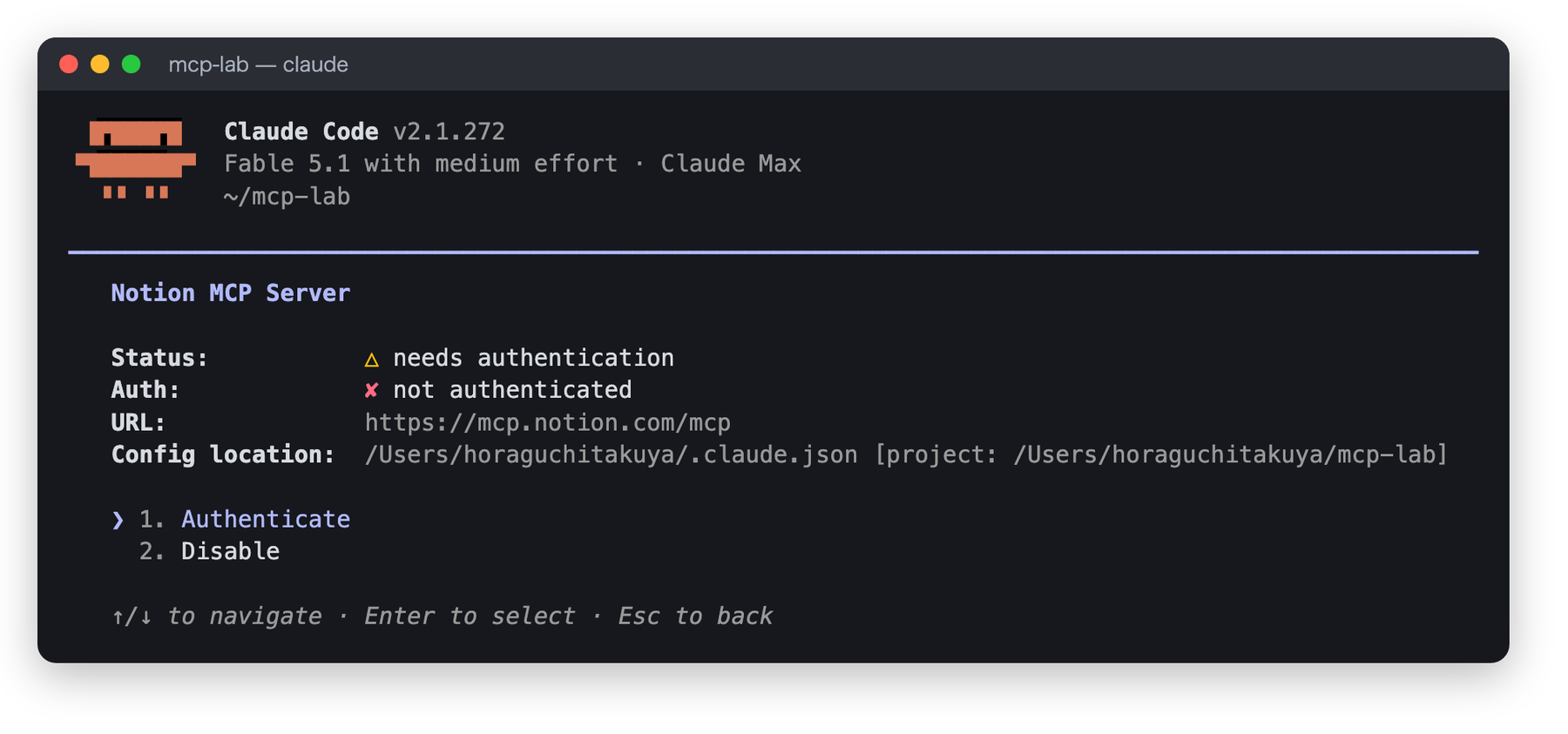 /mcpでnotionを選んだ画面。Statusはneeds authentication、Authはnot authenticated。選択肢は1. Authenticateと2. Disable
