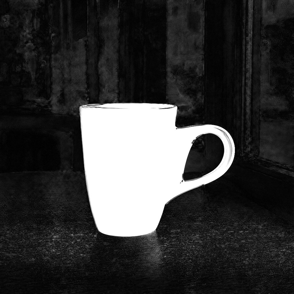 元画像とChatGPT Images 2.5の編集結果の差分ヒートマップ。マグが白く光り、背景は暗い(差が小さい)