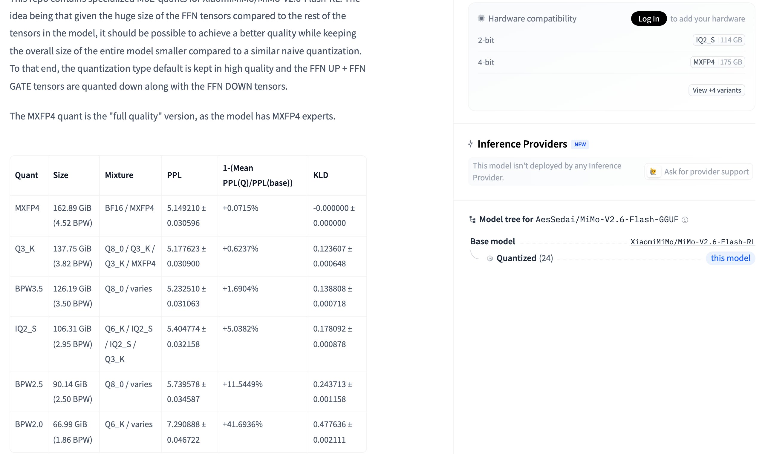 AesSedai/MiMo-V2.6-Flash-GGUF のページ。量子化の種類ごとのサイズとPPL、KLDの表