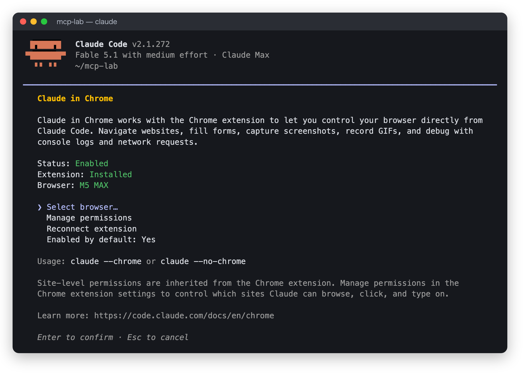 /chromeの画面。Status: Enabled、Extension: Installedと表示され、Select browser、Manage permissions、Reconnect extension、Enabled by default: Yesのメニューがある