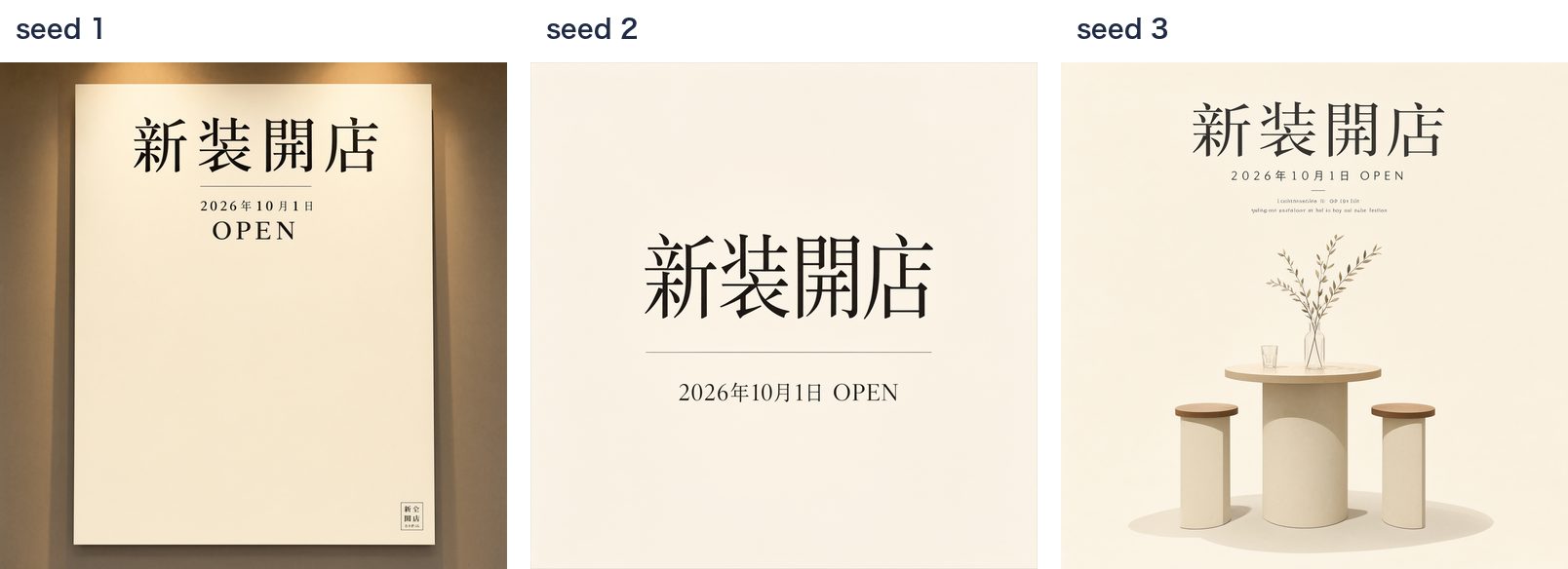 Qwen-Image-2.1のseed 1〜3で生成した日本語ポスター3枚を横に並べた画像。3枚とも文字は正確で、構図と装飾の量が少しずつ異なる