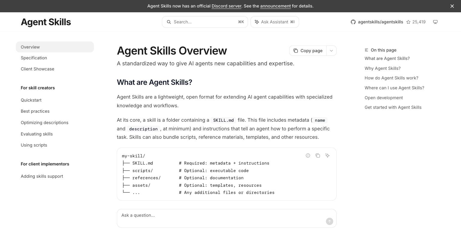 agentskills.ioのトップページ。SKILL.md、scripts/、references/、assets/からなるフォルダ構成が示されている