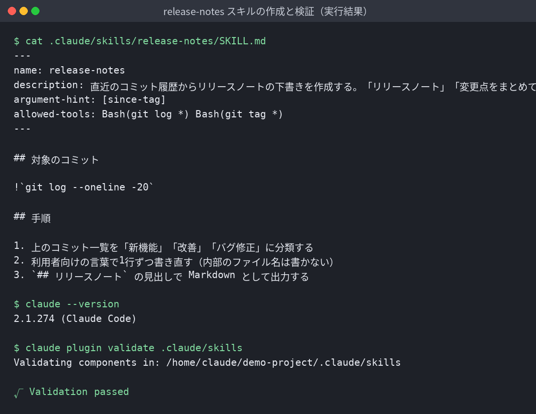 release-notesスキルのSKILL.mdの内容と、claude plugin validateがValidation passedを返した実行結果