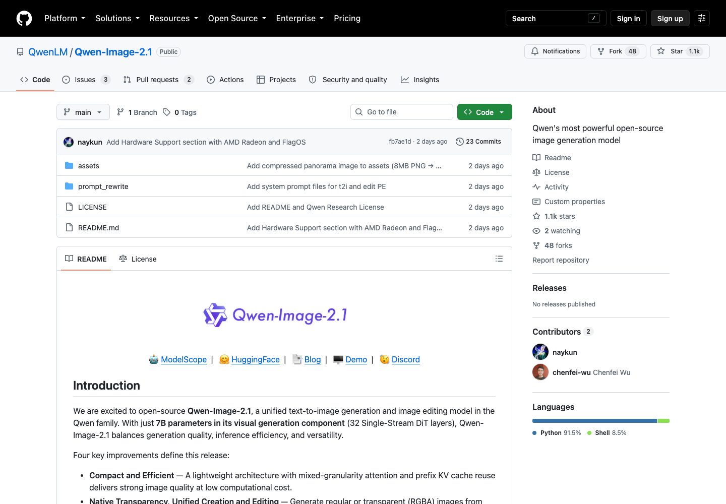 GitHubのQwenLM/Qwen-Image-2.1リポジトリのREADME冒頭を撮影した実画面