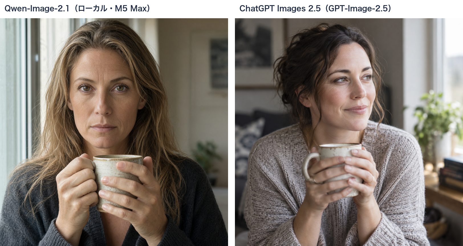 左: Qwen-Image-2.1が生成した、正面を見てマグを両手で持つ女性のポートレート。右: ChatGPT Images 2.5が生成した、窓の外に視線を外してマグを持つ女性のポートレート