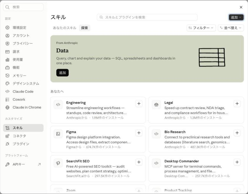 claude.aiのスキル探索画面。Engineering、Legal、Figma、Bio Researchなどのカードとインストール数