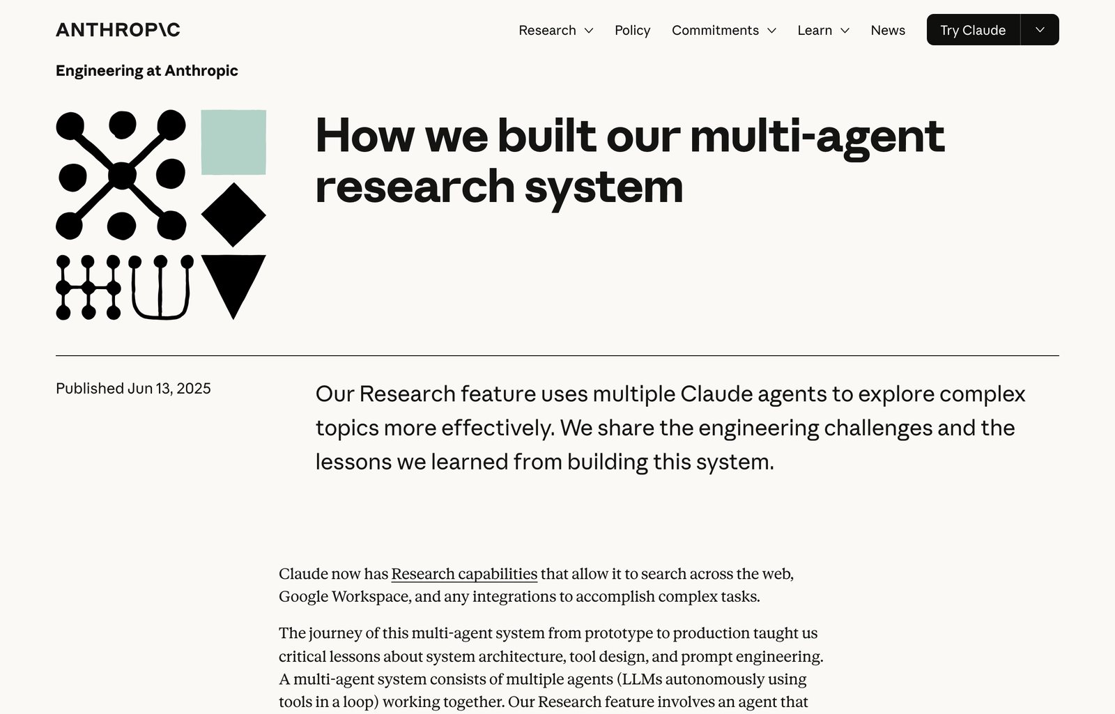 Anthropicのエンジニアリングブログ How we built our multi-agent research system の冒頭画面。2025年6月13日公開と表示されている