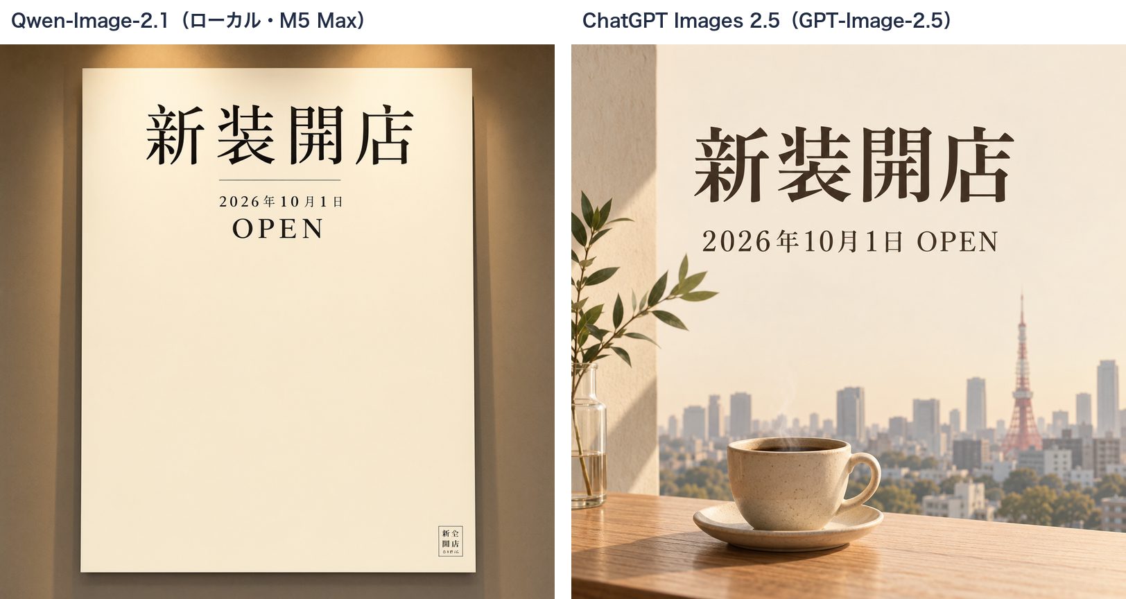 左: Qwen-Image-2.1が生成した、ベージュの紙に「新装開店」「2026年10月1日 OPEN」と書かれたミニマルなポスター。右: ChatGPT Images 2.5が生成した、同じ文字に東京タワーとコーヒーカップの背景を足したポスター