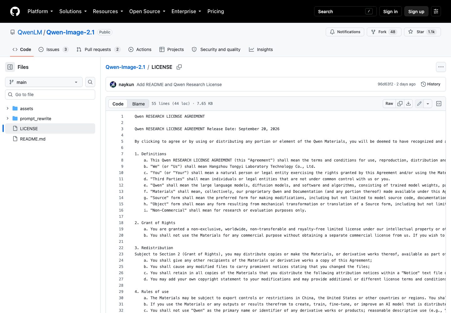 GitHubのQwenLM/Qwen-Image-2.1リポジトリのLICENSEファイルを表示した実画面。1.i「Non-Commercial」shall mean for research or evaluation purposes only、2.b 商用は別途ライセンスが必要、の条文が見える
