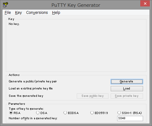 「PuTTY Key Generator」ウィンドウ SourceTreeの「PuTTY Key Generator」ウィンドウ