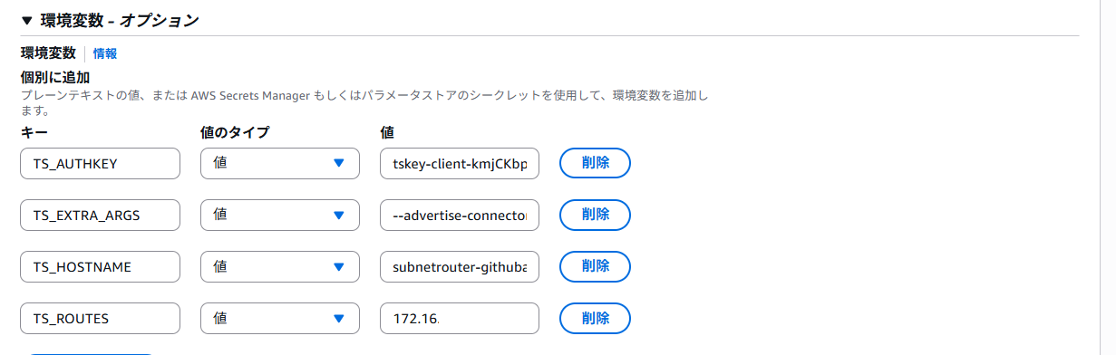 ECSタスク定義の画面イメージ3。Privilegedの設定。Subnet Routerとして動作させるために必要。