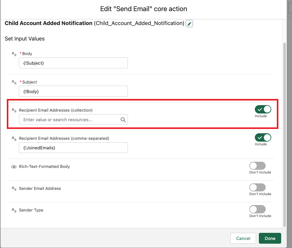 Unexpected data type for emailAddressesArray expected String[] 