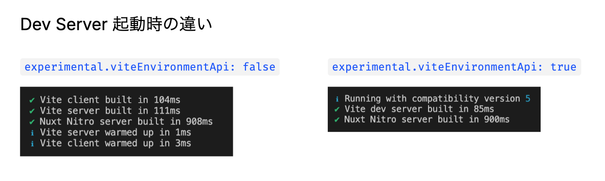 experimental.viteEnvironmentApiがfalseかtrueの違いによるDevServer起動のログの違い。falseは旧来通りclientとserverそれぞれのビルド・事前ウォームアップが表示されているがtrueにするとclientとserverそれぞれのログが削除され１本化されている。