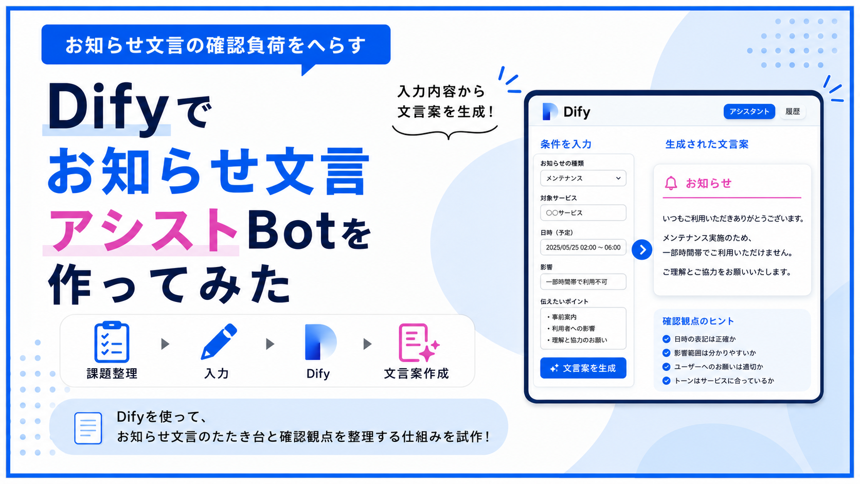 属人化した確認から卒業｜Dify×ChatGPTで作るお知らせ文言アシストBot