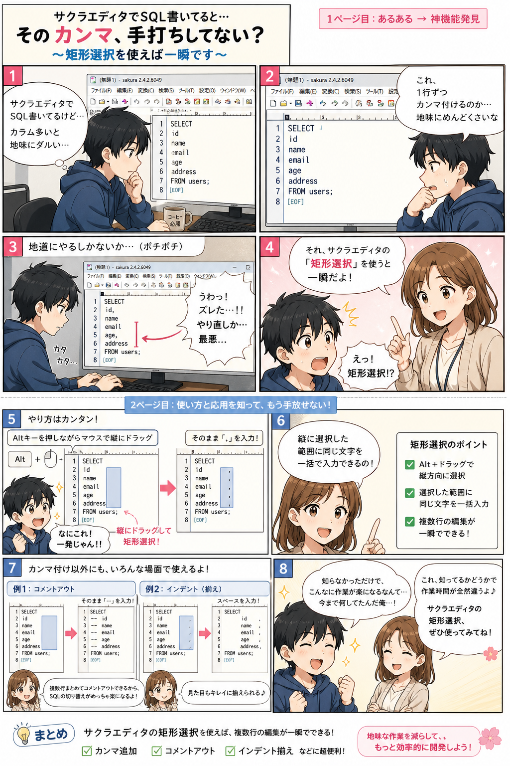 そのカンマ、手で打ってない？サクラエディタの「矩形選択」を漫画で