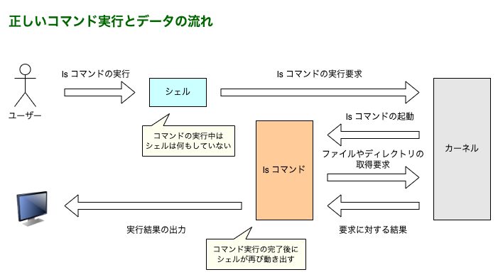 正しいコマンド実行とデータの流れ