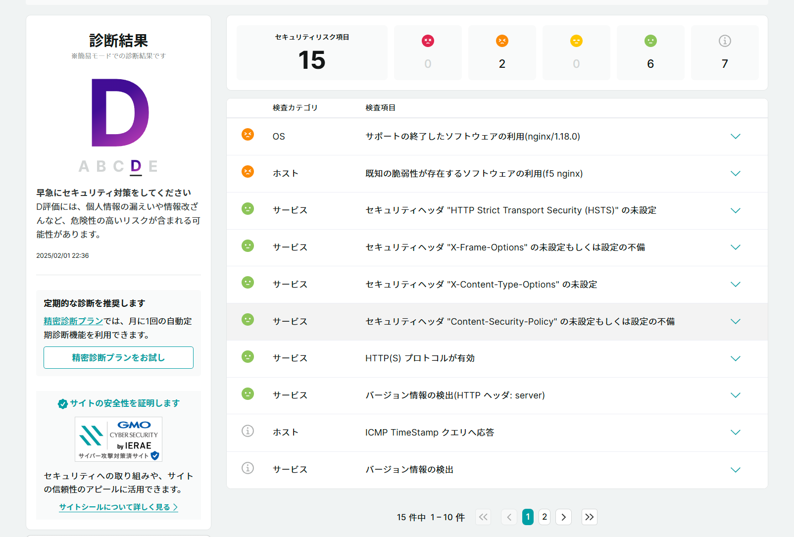 お名前.comが勝手にWebサーバのセキュリティ診断してくれたので