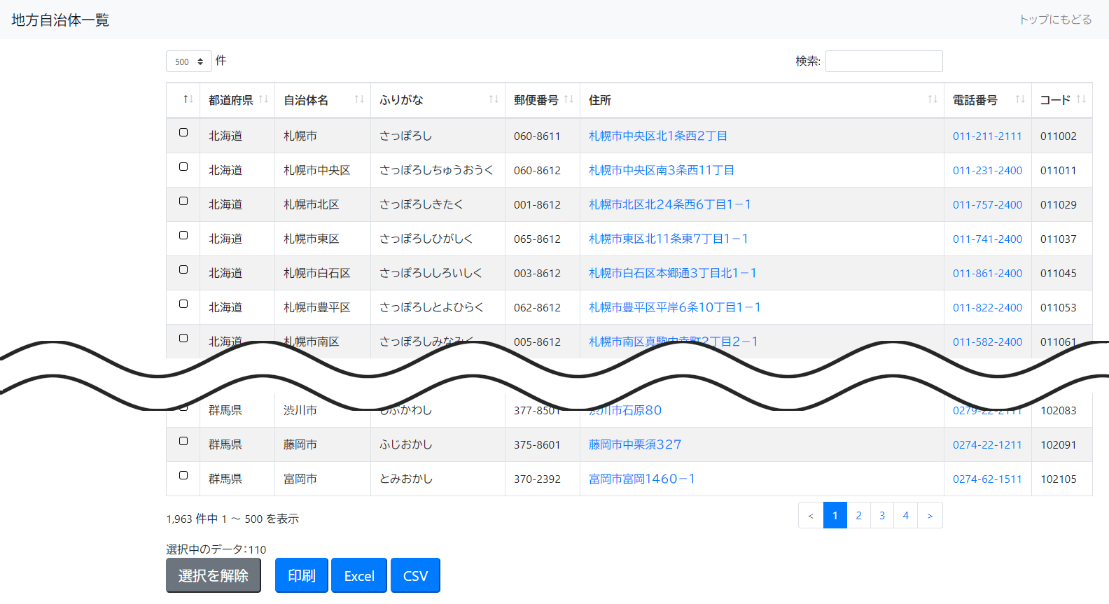 表示件数を500件にしたdatatablesのスクリーンショット。1-500件目が正しく表示されている。