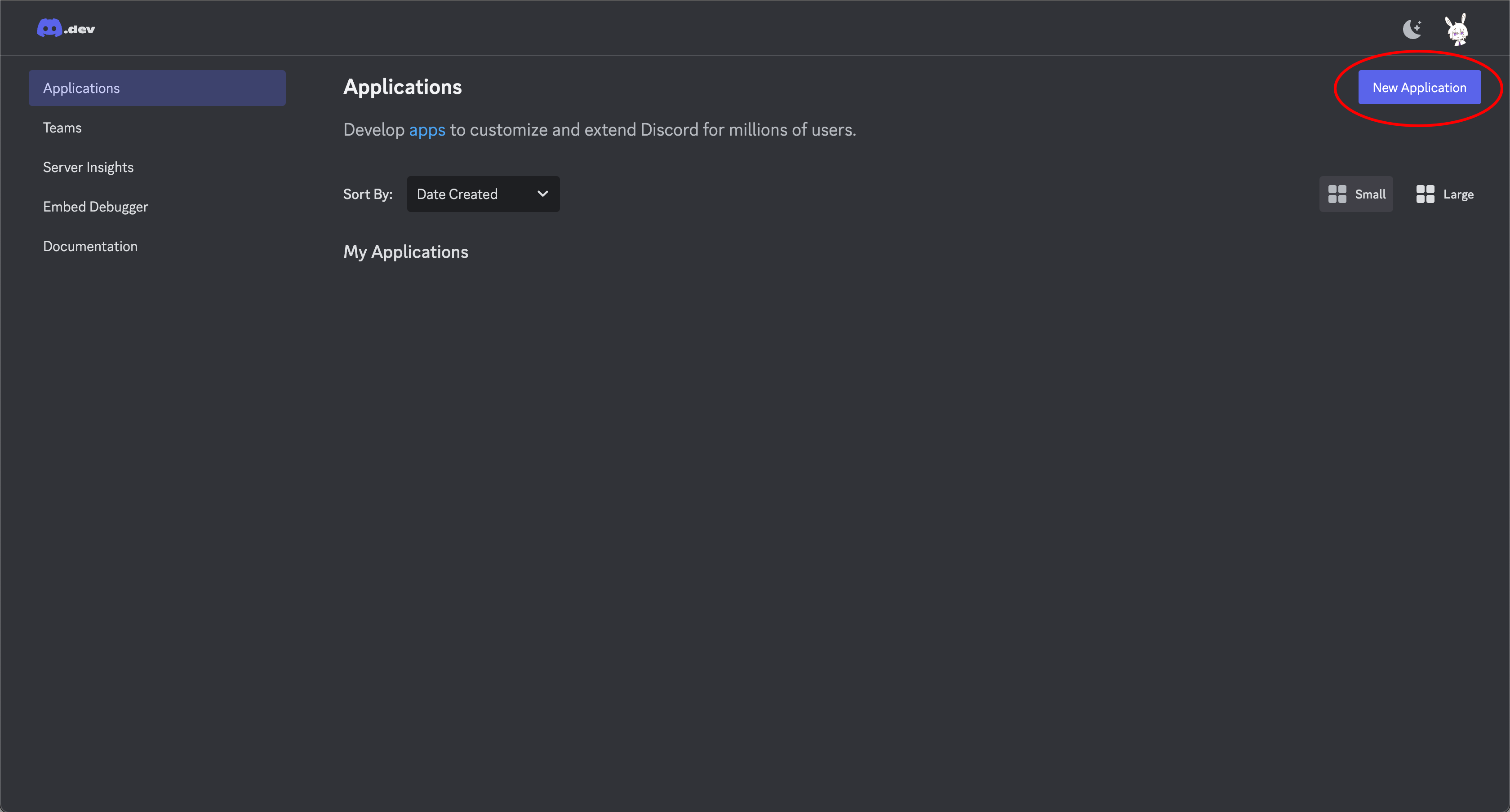 Discord Developer Portalトップ画面