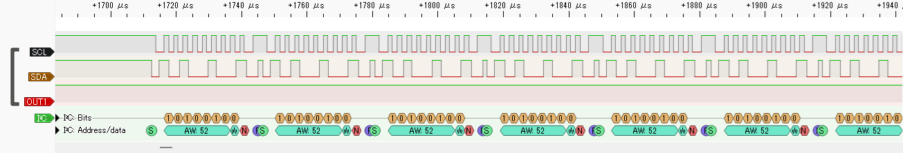 I2CW 4引数サンプルプログラムの出力 (接続無) (拡大)