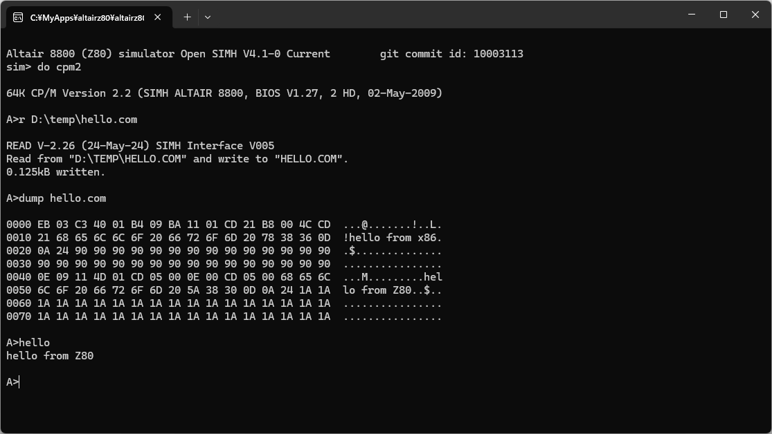 Z80 として実行した例
